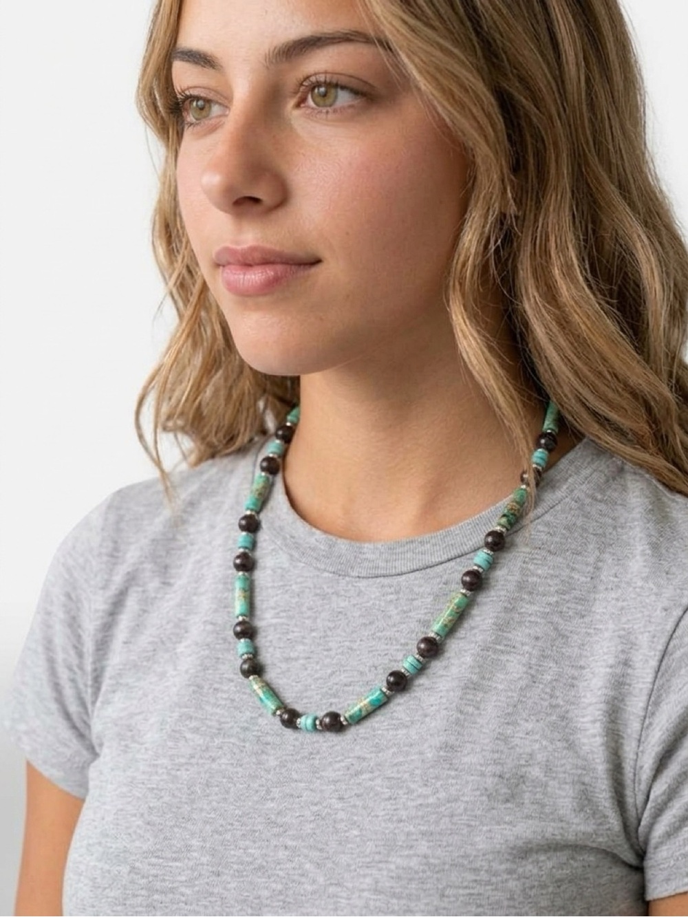 Amazonite and Almandine Garnet Beaded Women's Necklace